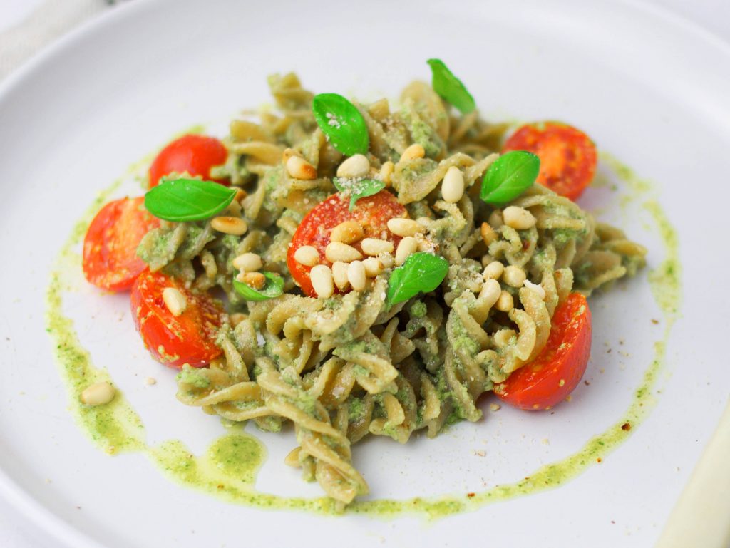 Quick and easy vegan pasta salad with basil pesto.