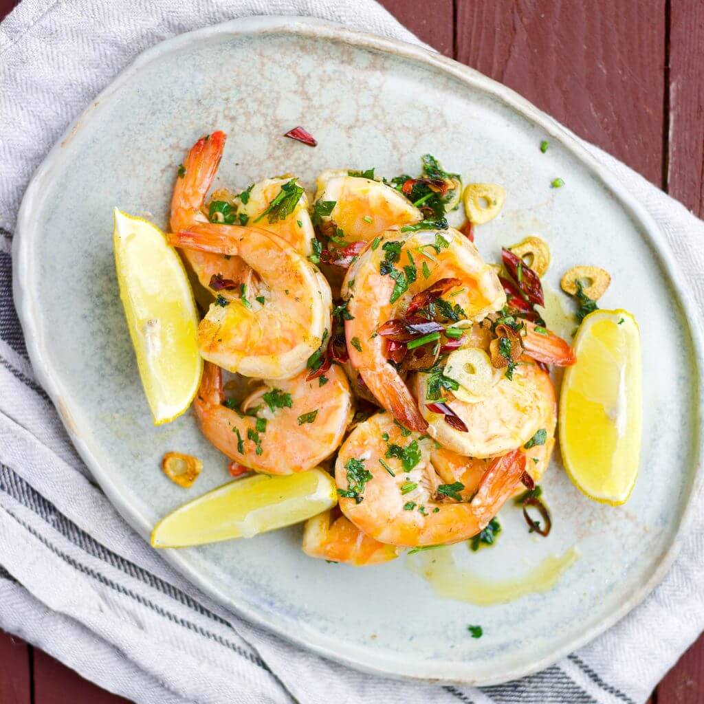 5 minutes tiger prawns with garlic, chilli and parsley.