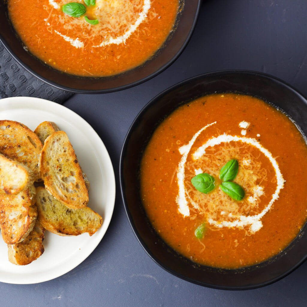 Best oven-roasted tomato soup with VeGaN Parmesan.