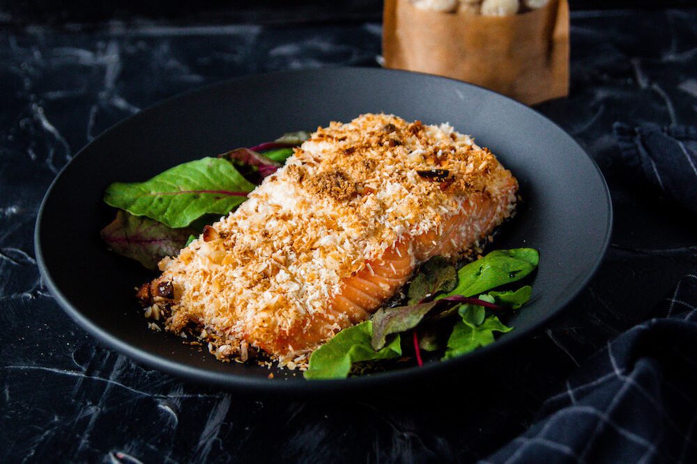 Easy oven baked salmon with macadamia nut and Parmesan crust