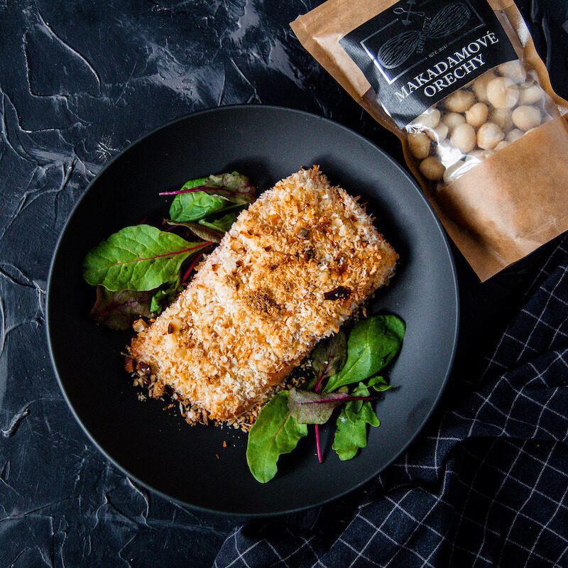 Oven baked salmon with macadamia nut and Parmesan crust